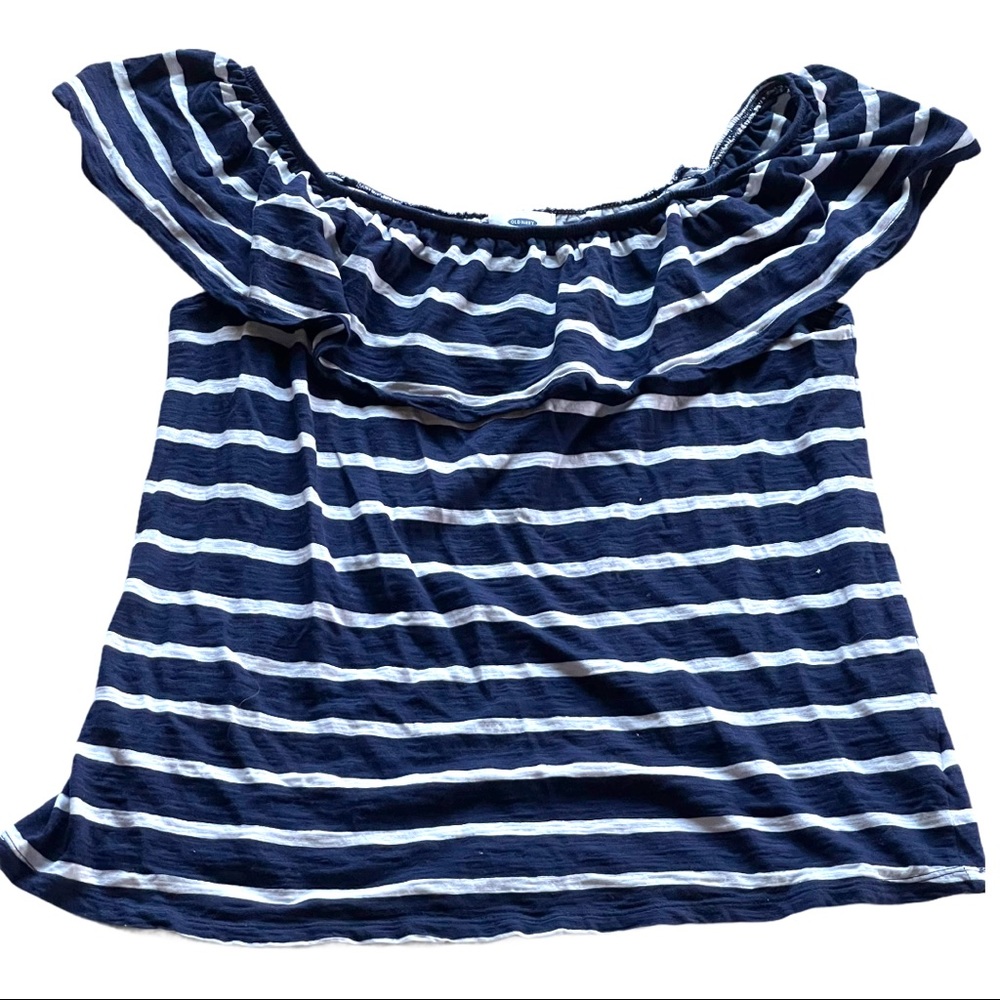 Old Navy off the shoulder ruffled collar blue & white striped top